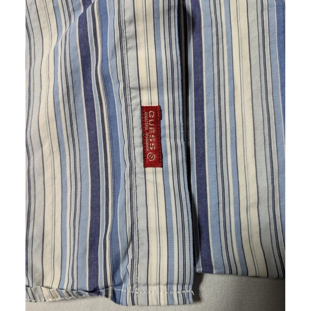 GUESS Covered-Placket Men XL‎ Blue Brown Yellow Striped Cotton Button Shirt